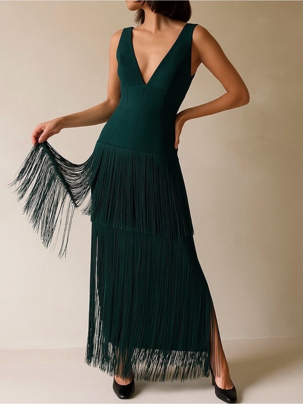 Herve Leger Emerald Green Fringe Maxi Dress